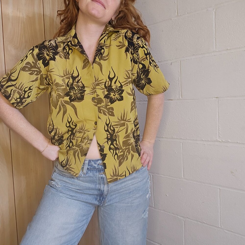 y2k Tropical Flames McBling Grunge Blokecore Golden Button Down Ladies Polo
